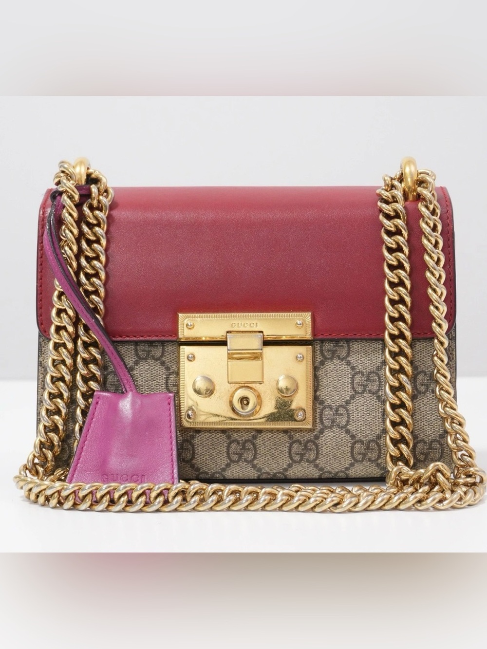 Gucci Padlock GG Supreme Chain Shoulder Bag Red Leather Pink